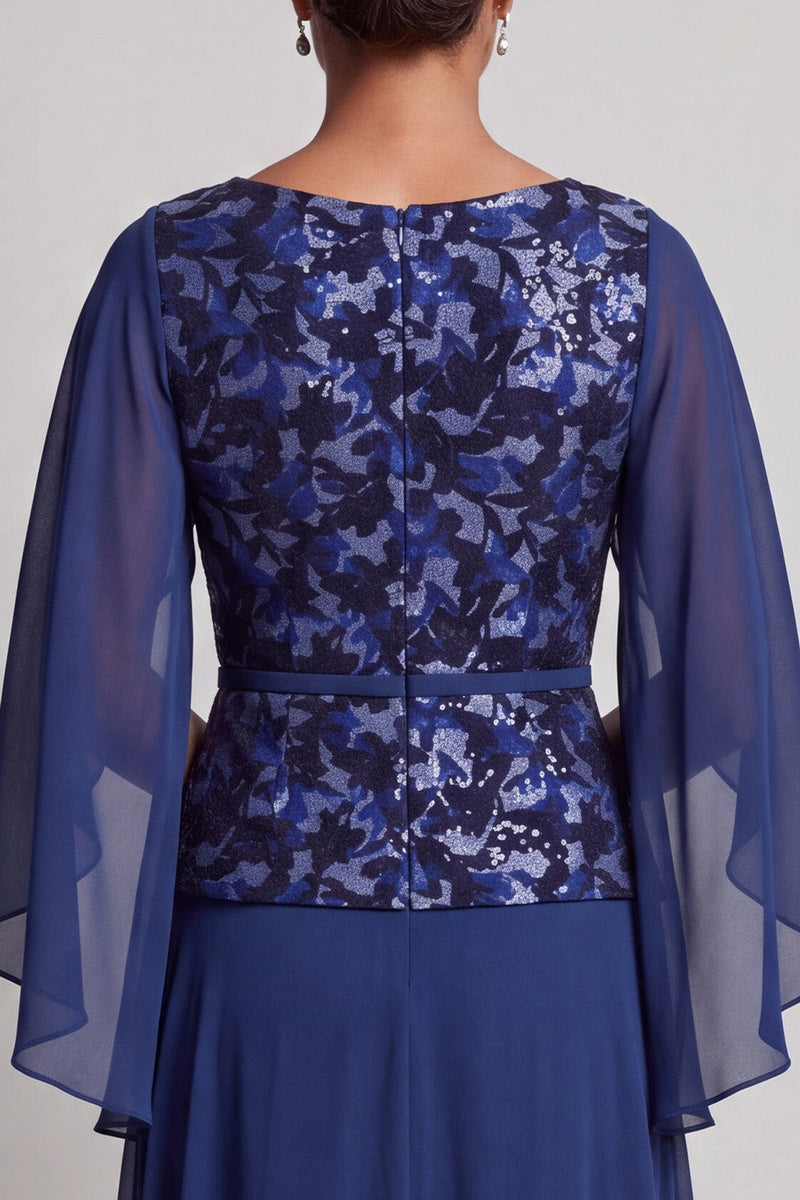Laden Sie das Bild in den Galerie-Viewer, Marineblaues A-Linie Bateau-Hals Muster Chiffon Langes kleid der Mutter der Braut mit Flatterärmeln