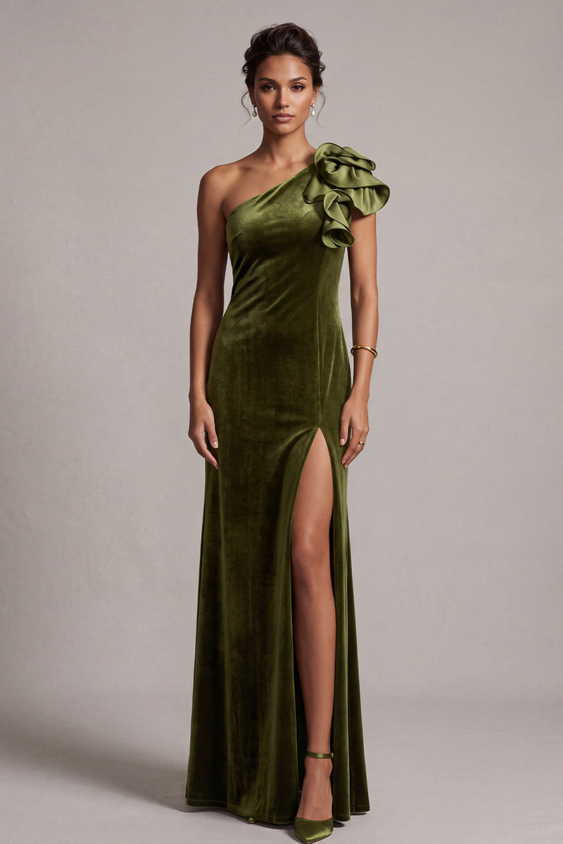 Laden Sie das Bild in den Galerie-Viewer, Olive Samt Sheath Rüschen Einschulter Langes Festkleid mit Schlitz
