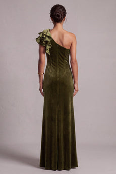 Olive Samt Sheath Rüschen Einschulter Langes Festkleid mit Schlitz