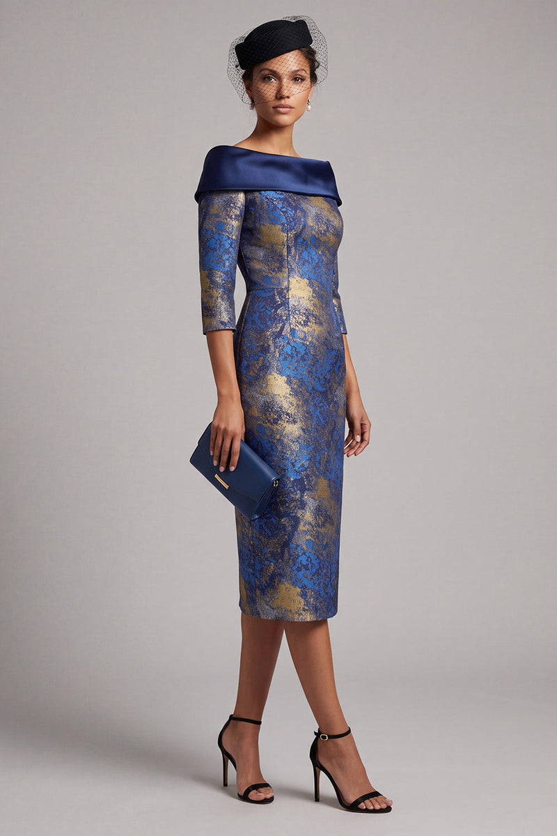 Laden Sie das Bild in den Galerie-Viewer, Königsblaues Sheath Midi Mutter der Braut Kleid mit Off-the-shoulder und 3/4-Ärmeln