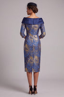 Laden Sie das Bild in den Galerie-Viewer, Königsblaues Sheath Midi Mutter der Braut Kleid mit Off-the-shoulder und 3/4-Ärmeln
