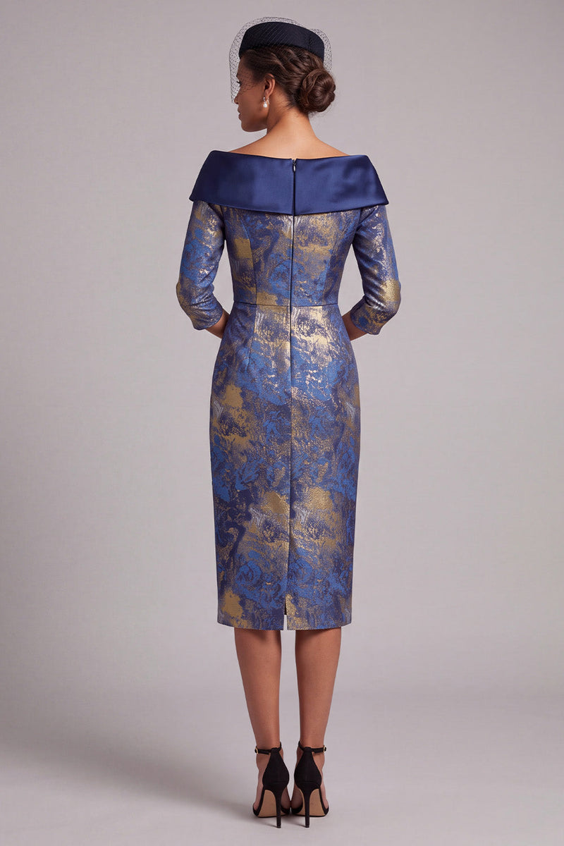 Laden Sie das Bild in den Galerie-Viewer, Königsblaues Sheath Midi Mutter der Braut Kleid mit Off-the-shoulder und 3/4-Ärmeln