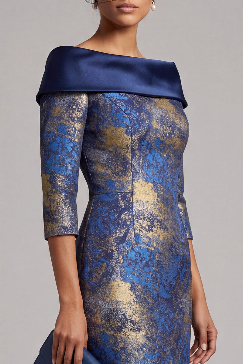 Laden Sie das Bild in den Galerie-Viewer, Königsblaues Sheath Midi Mutter der Braut Kleid mit Off-the-shoulder und 3/4-Ärmeln