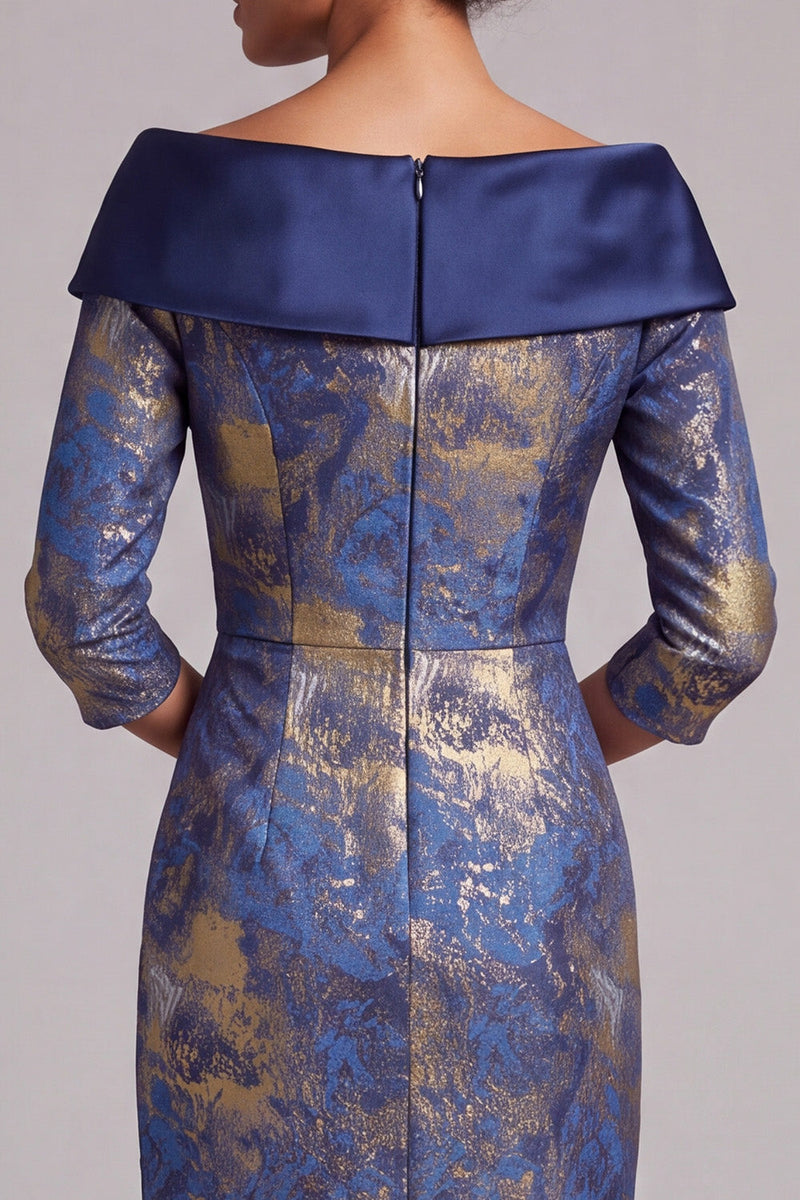 Laden Sie das Bild in den Galerie-Viewer, Königsblaues Sheath Midi Mutter der Braut Kleid mit Off-the-shoulder und 3/4-Ärmeln