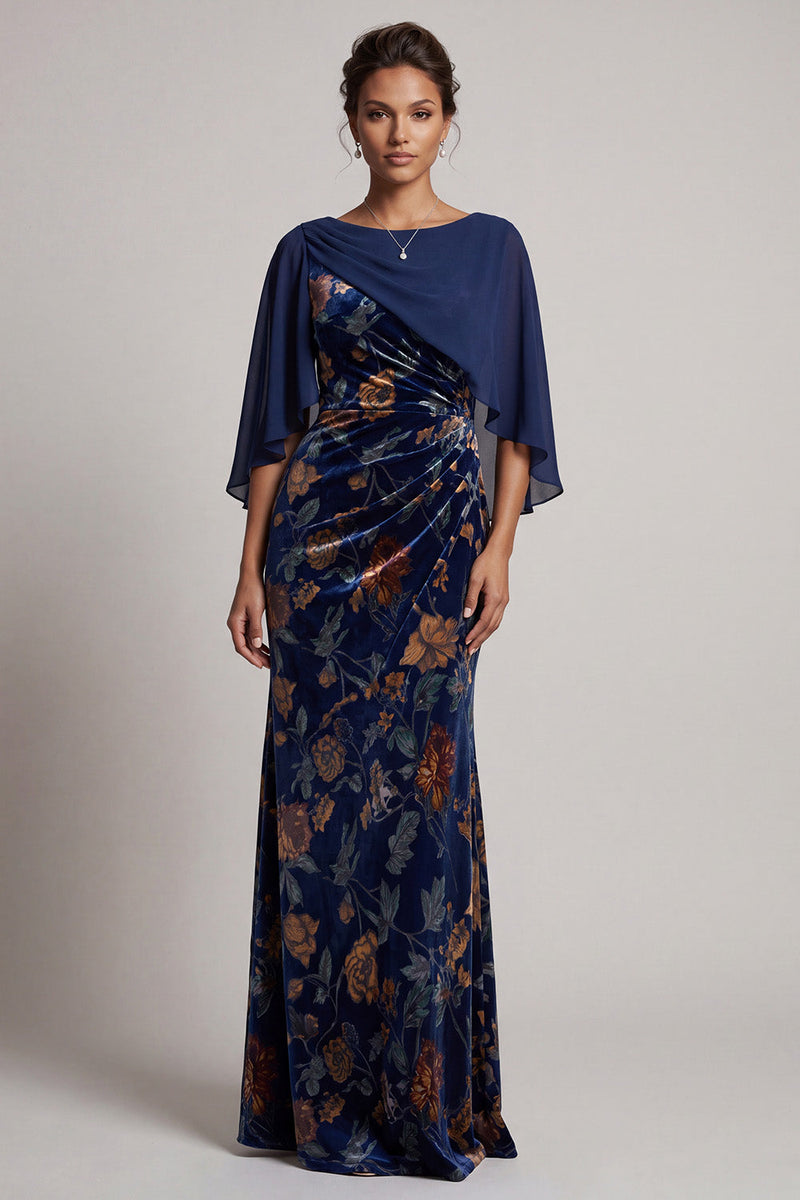 Laden Sie das Bild in den Galerie-Viewer, Dunkelblaues Bateau-Mantel Samtkragen Langes Festkleid mit Chiffon-Cape