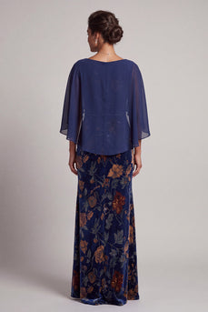 Dunkelblaues Bateau-Mantel Samtkragen Langes Festkleid mit Chiffon-Cape