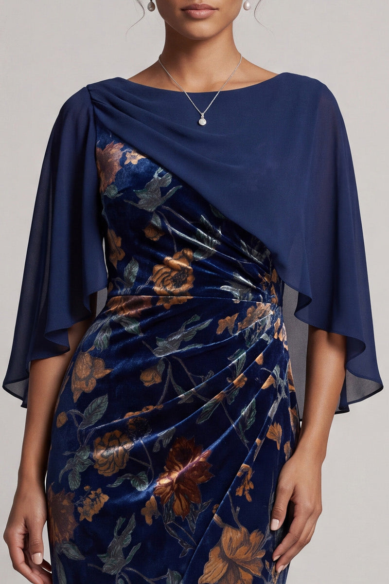 Laden Sie das Bild in den Galerie-Viewer, Dunkelblaues Bateau-Mantel Samtkragen Langes Festkleid mit Chiffon-Cape