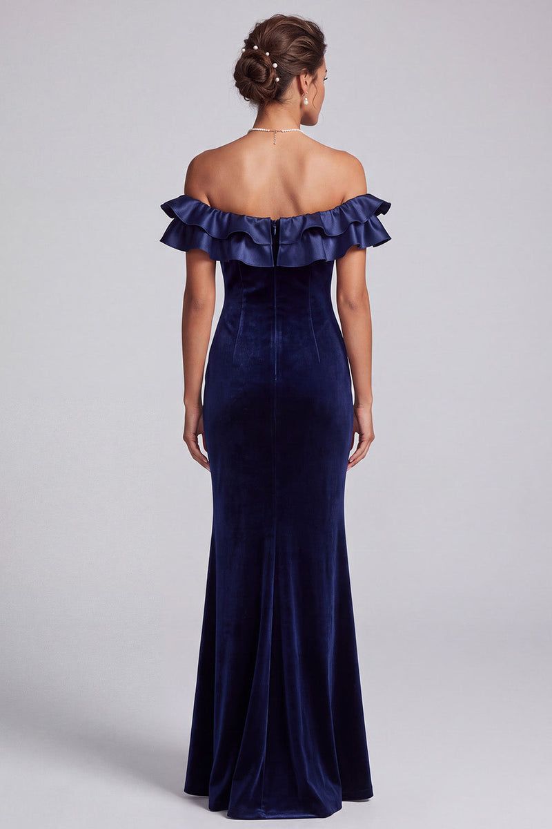 Laden Sie das Bild in den Galerie-Viewer, Marineblaues Meerjungfrauen Schulterloses Samt Langes Festliches Kleid