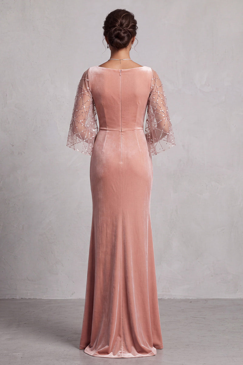 Laden Sie das Bild in den Galerie-Viewer, Pfirsich Samt Meerjungfrauen Bateau-Hals Gerafftes Langes Festkleid mit Pailletten