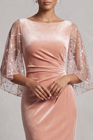 Laden Sie das Bild in den Galerie-Viewer, Pfirsich Samt Meerjungfrauen Bateau-Hals Gerafftes Langes Festkleid mit Pailletten