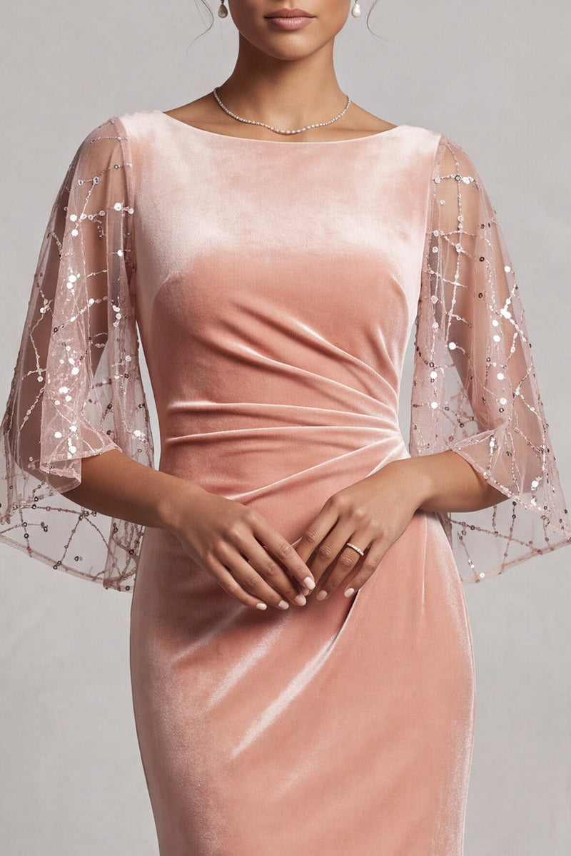 Laden Sie das Bild in den Galerie-Viewer, Pfirsich Samt Meerjungfrauen Bateau-Hals Gerafftes Langes Festkleid mit Pailletten