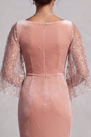 Laden Sie das Bild in den Galerie-Viewer, Pfirsich Samt Meerjungfrauen Bateau-Hals Gerafftes Langes Festkleid mit Pailletten