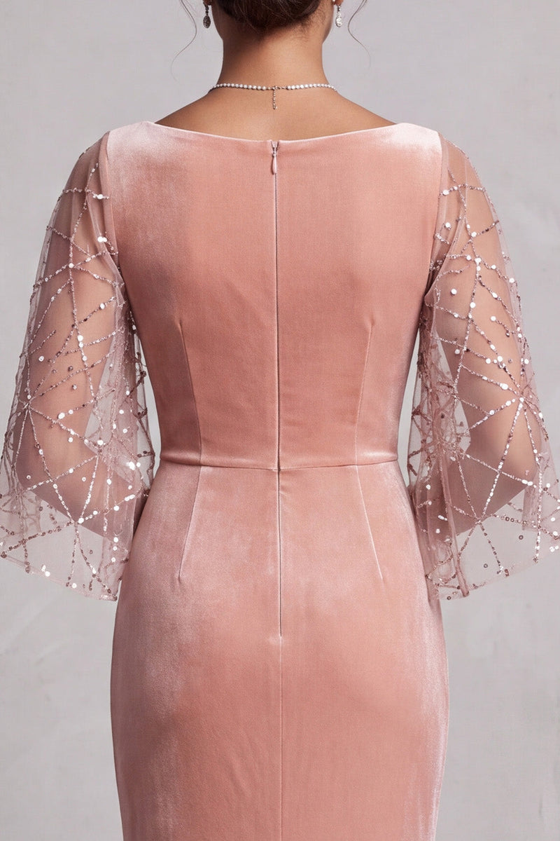 Laden Sie das Bild in den Galerie-Viewer, Pfirsich Samt Meerjungfrauen Bateau-Hals Gerafftes Langes Festkleid mit Pailletten