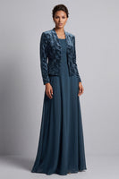 Laden Sie das Bild in den Galerie-Viewer, Pfauenblaues Zweiteiliges A-Linie Langes Mutter der Braut Kleid mit Samt-Bolero-Jacke