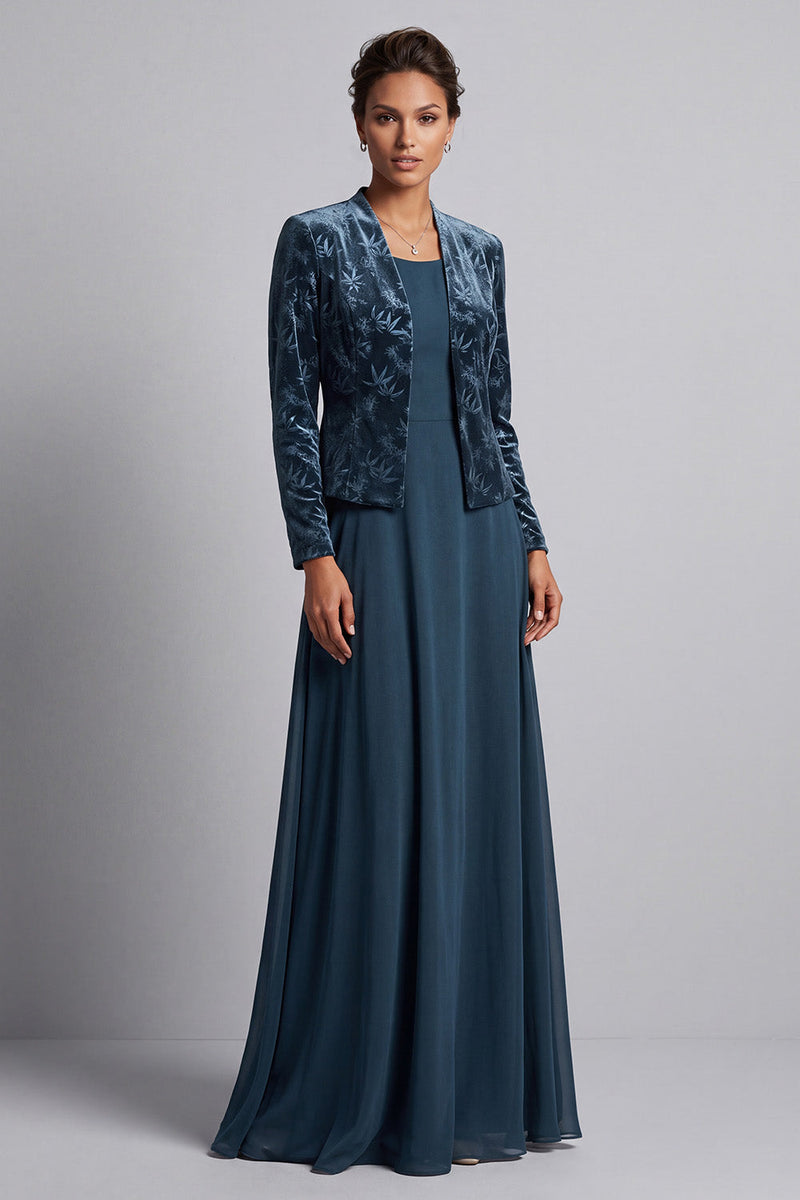 Laden Sie das Bild in den Galerie-Viewer, Pfauenblaues Zweiteiliges A-Linie Langes Mutter der Braut Kleid mit Samt-Bolero-Jacke