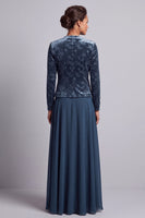 Laden Sie das Bild in den Galerie-Viewer, Pfauenblaues Zweiteiliges A-Linie Langes Mutter der Braut Kleid mit Samt-Bolero-Jacke