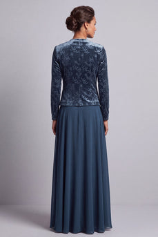 Pfauenblaues Zweiteiliges A-Linie Langes Mutter der Braut Kleid mit Samt-Bolero-Jacke