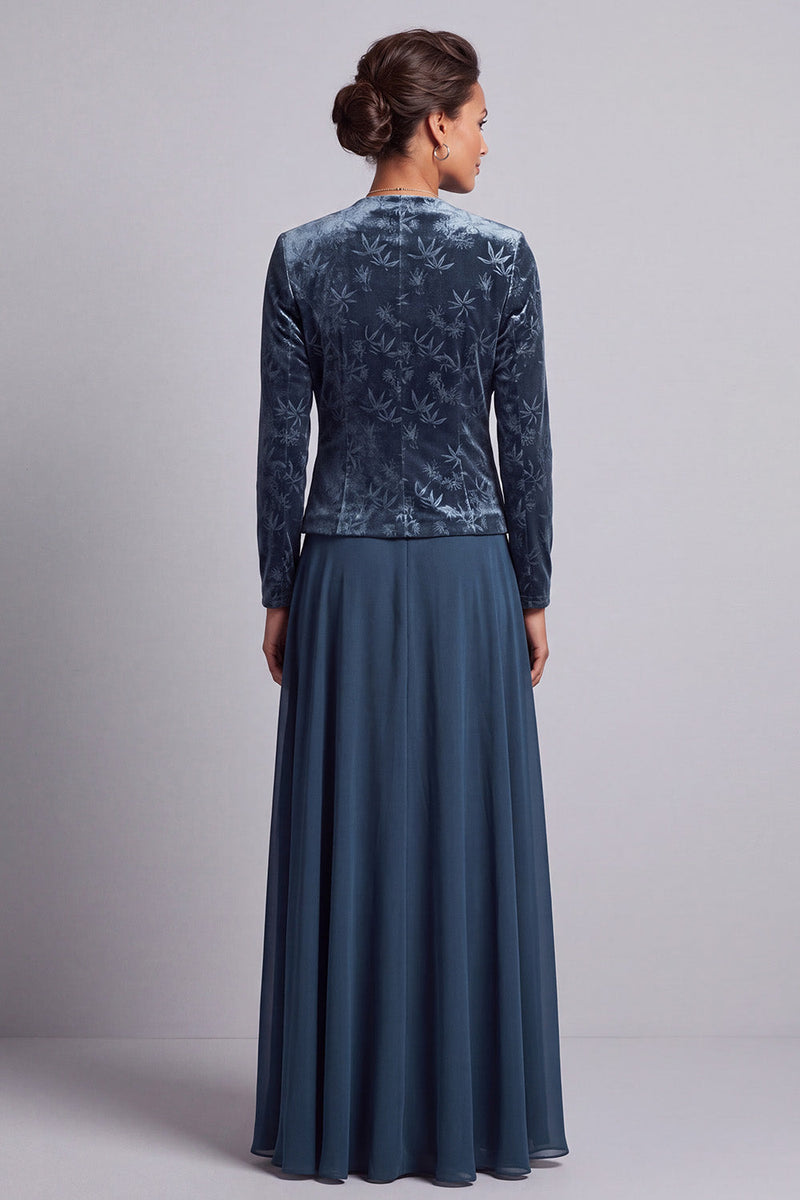 Laden Sie das Bild in den Galerie-Viewer, Pfauenblaues Zweiteiliges A-Linie Langes Mutter der Braut Kleid mit Samt-Bolero-Jacke
