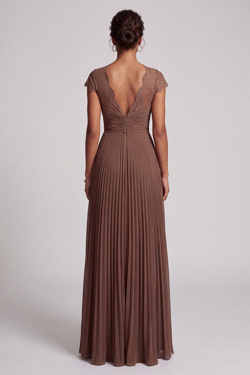 Laden Sie das Bild in den Galerie-Viewer, Coffee A-Linie V-Ausschnitt Chiffon Plissiertes Langes Festliches Kleid mit Spitze