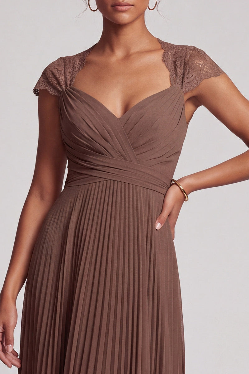 Laden Sie das Bild in den Galerie-Viewer, Coffee A-Linie V-Ausschnitt Chiffon Plissiertes Langes Festliches Kleid mit Spitze