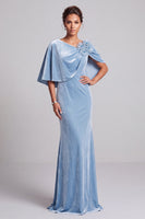 Laden Sie das Bild in den Galerie-Viewer, Hellblaues Meerjungfrauen Cape Samt Langes Festliches Kleid mit 3D-Blume