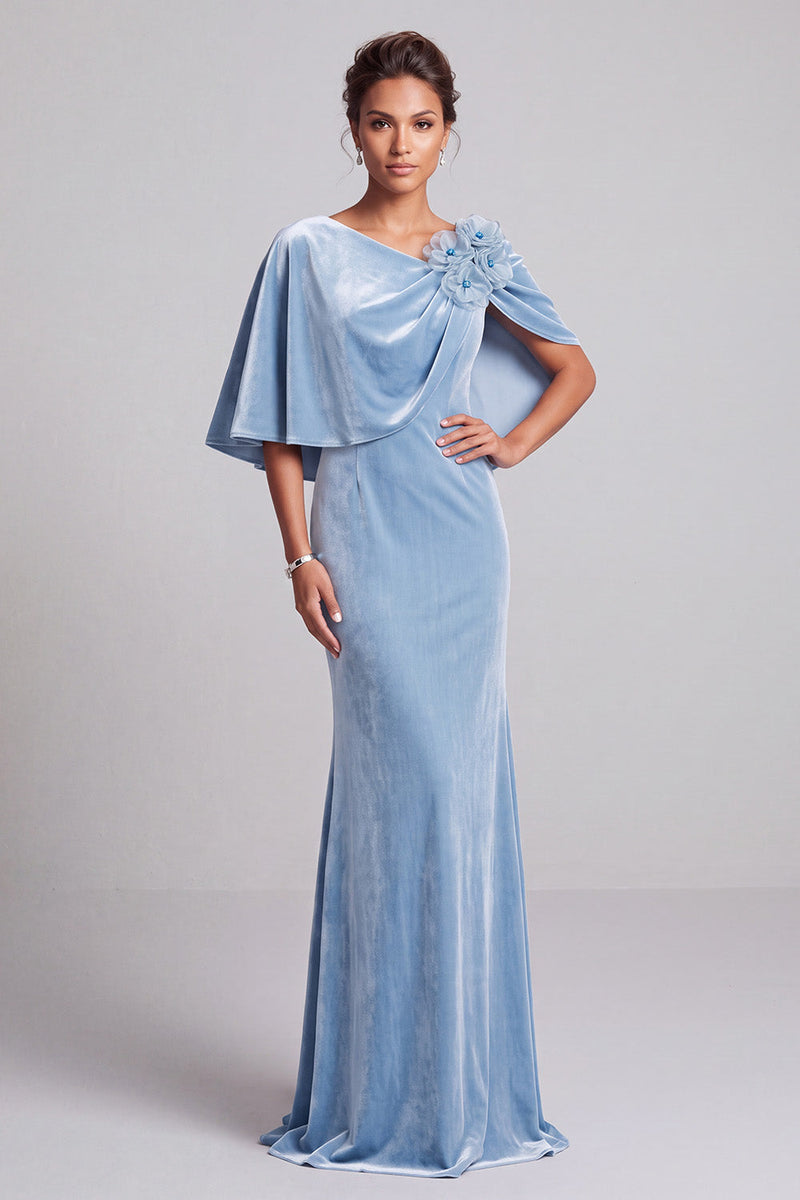 Laden Sie das Bild in den Galerie-Viewer, Hellblaues Meerjungfrauen Cape Samt Langes Festliches Kleid mit 3D-Blume