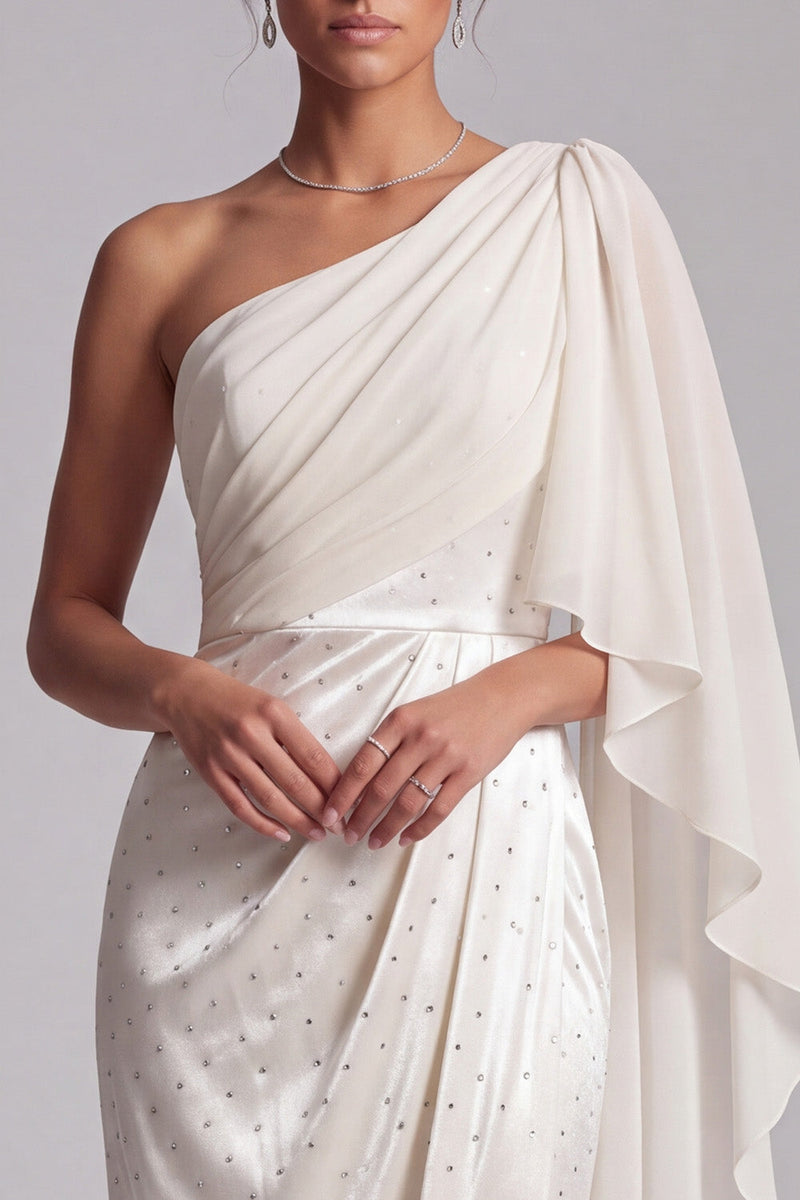 Laden Sie das Bild in den Galerie-Viewer, Elfenbein Scheide Eine Schulter Drapiertes Gerafftes Langes Festliches Kleid mit Perlenbestickten