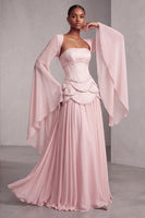 Laden Sie das Bild in den Galerie-Viewer, Altrosa Corsage Chiffon Jacquard Perlenbesatz Gestuft Schößchen A-Linien Langes Abiballkleid mit Ausgestellte Ärmel