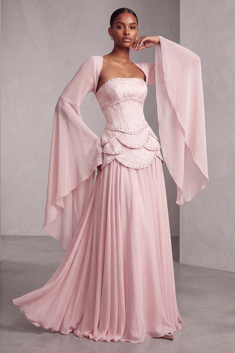 Laden Sie das Bild in den Galerie-Viewer, Altrosa Corsage Chiffon Jacquard Perlenbesatz Gestuft Schößchen A-Linien Langes Abiballkleid mit Ausgestellte Ärmel