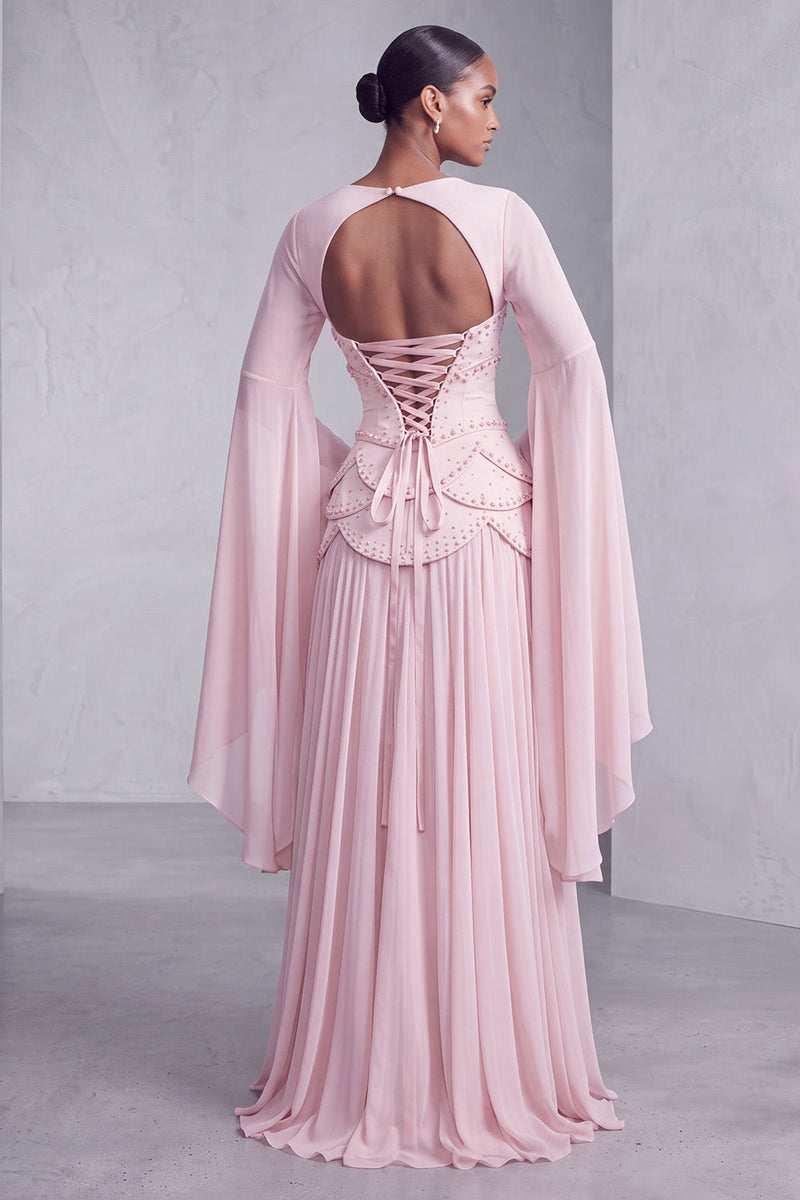 Laden Sie das Bild in den Galerie-Viewer, Altrosa Corsage Chiffon Jacquard Perlenbesatz Gestuft Schößchen A-Linien Langes Abiballkleid mit Ausgestellte Ärmel