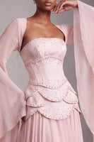 Laden Sie das Bild in den Galerie-Viewer, Altrosa Corsage Chiffon Jacquard Perlenbesatz Gestuft Schößchen A-Linien Langes Abiballkleid mit Ausgestellte Ärmel