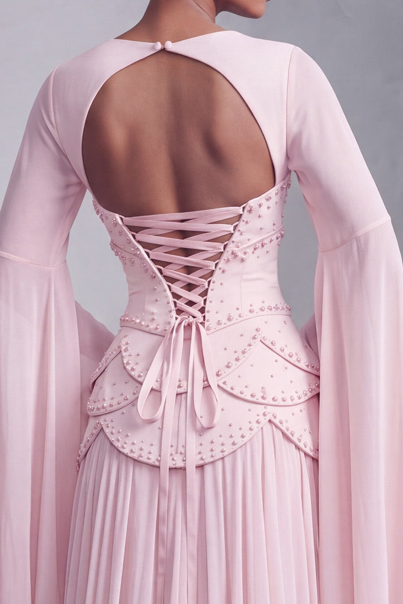 Laden Sie das Bild in den Galerie-Viewer, Altrosa Corsage Chiffon Jacquard Perlenbesatz Gestuft Schößchen A-Linien Langes Abiballkleid mit Ausgestellte Ärmel