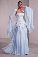Laden Sie das Bild in den Galerie-Viewer, Altrosa Corsage Chiffon Jacquard Perlenbesatz Gestuft Schößchen A-Linien Langes Abiballkleid mit Ausgestellte Ärmel