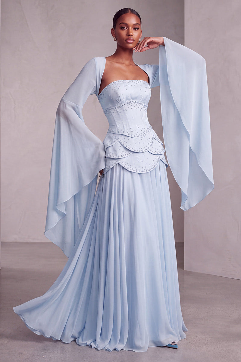 Laden Sie das Bild in den Galerie-Viewer, Altrosa Corsage Chiffon Jacquard Perlenbesatz Gestuft Schößchen A-Linien Langes Abiballkleid mit Ausgestellte Ärmel