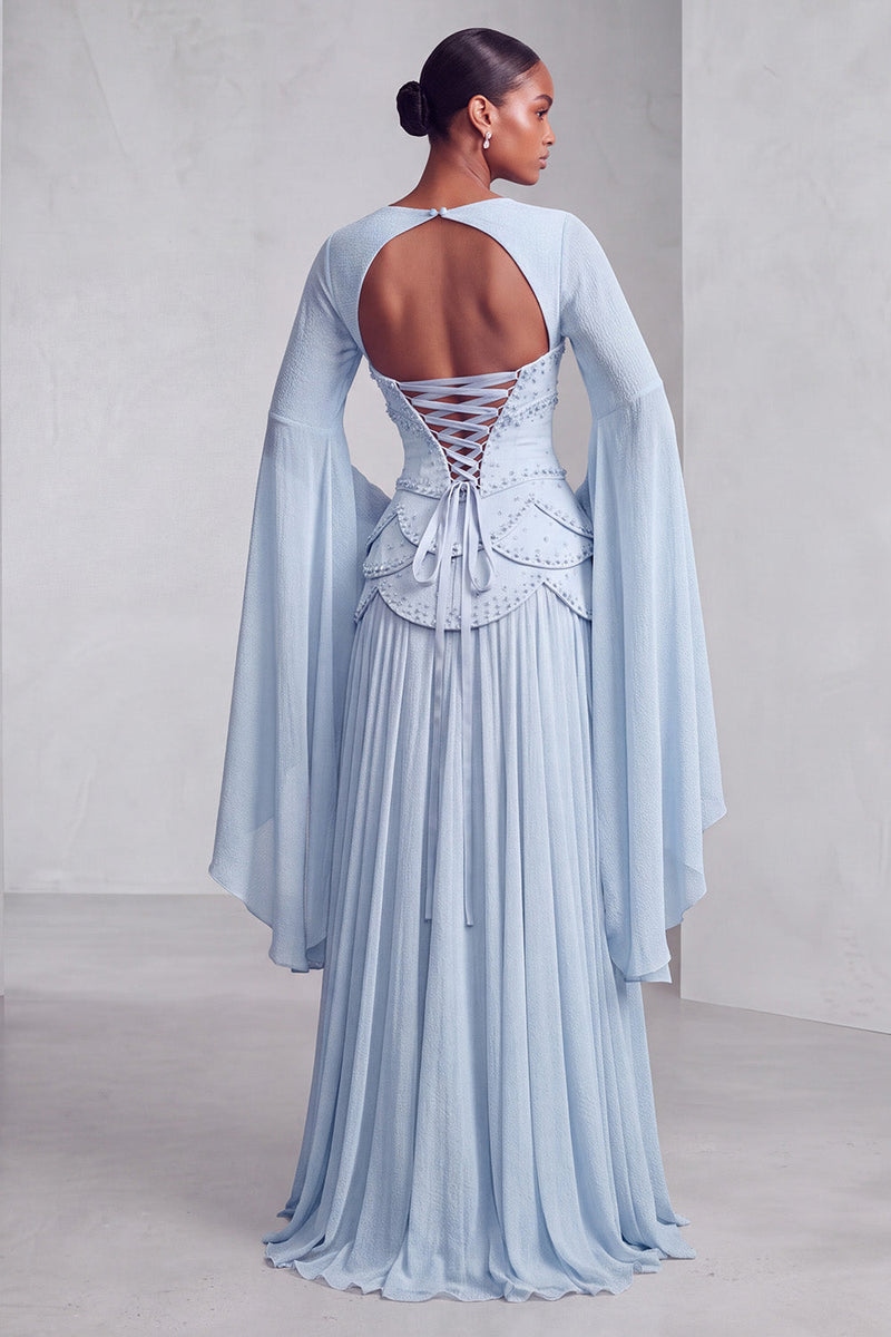Laden Sie das Bild in den Galerie-Viewer, Altrosa Corsage Chiffon Jacquard Perlenbesatz Gestuft Schößchen A-Linien Langes Abiballkleid mit Ausgestellte Ärmel