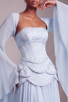 Laden Sie das Bild in den Galerie-Viewer, Altrosa Corsage Chiffon Jacquard Perlenbesatz Gestuft Schößchen A-Linien Langes Abiballkleid mit Ausgestellte Ärmel