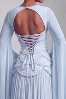 Laden Sie das Bild in den Galerie-Viewer, Altrosa Corsage Chiffon Jacquard Perlenbesatz Gestuft Schößchen A-Linien Langes Abiballkleid mit Ausgestellte Ärmel
