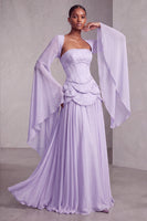 Laden Sie das Bild in den Galerie-Viewer, Altrosa Corsage Chiffon Jacquard Perlenbesatz Gestuft Schößchen A-Linien Langes Abiballkleid mit Ausgestellte Ärmel