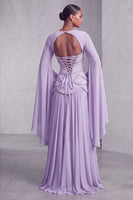 Laden Sie das Bild in den Galerie-Viewer, Altrosa Corsage Chiffon Jacquard Perlenbesatz Gestuft Schößchen A-Linien Langes Abiballkleid mit Ausgestellte Ärmel