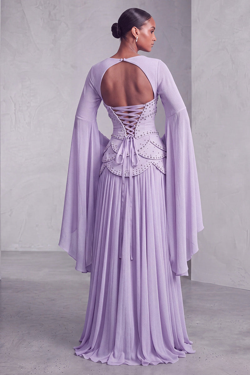 Laden Sie das Bild in den Galerie-Viewer, Altrosa Corsage Chiffon Jacquard Perlenbesatz Gestuft Schößchen A-Linien Langes Abiballkleid mit Ausgestellte Ärmel