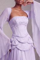Laden Sie das Bild in den Galerie-Viewer, Altrosa Corsage Chiffon Jacquard Perlenbesatz Gestuft Schößchen A-Linien Langes Abiballkleid mit Ausgestellte Ärmel