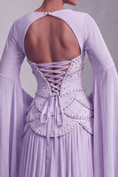 Laden Sie das Bild in den Galerie-Viewer, Altrosa Corsage Chiffon Jacquard Perlenbesatz Gestuft Schößchen A-Linien Langes Abiballkleid mit Ausgestellte Ärmel