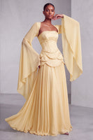 Laden Sie das Bild in den Galerie-Viewer, Altrosa Corsage Chiffon Jacquard Perlenbesatz Gestuft Schößchen A-Linien Langes Abiballkleid mit Ausgestellte Ärmel