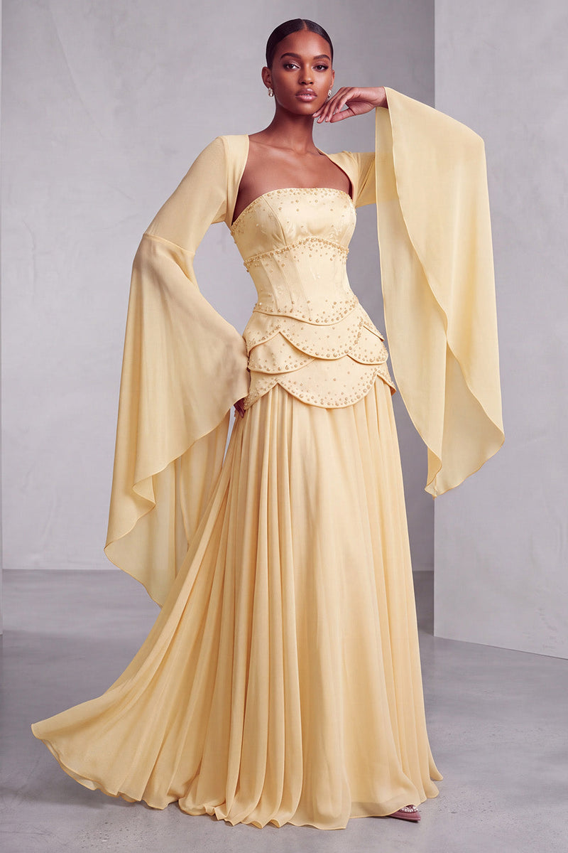 Laden Sie das Bild in den Galerie-Viewer, Altrosa Corsage Chiffon Jacquard Perlenbesatz Gestuft Schößchen A-Linien Langes Abiballkleid mit Ausgestellte Ärmel