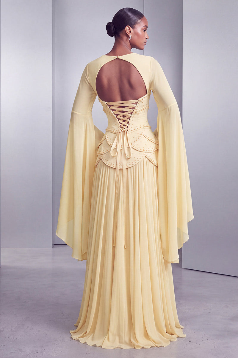 Laden Sie das Bild in den Galerie-Viewer, Altrosa Corsage Chiffon Jacquard Perlenbesatz Gestuft Schößchen A-Linien Langes Abiballkleid mit Ausgestellte Ärmel