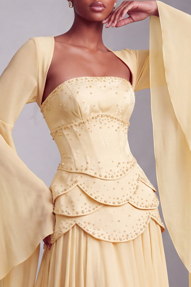Laden Sie das Bild in den Galerie-Viewer, Altrosa Corsage Chiffon Jacquard Perlenbesatz Gestuft Schößchen A-Linien Langes Abiballkleid mit Ausgestellte Ärmel