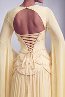 Laden Sie das Bild in den Galerie-Viewer, Altrosa Corsage Chiffon Jacquard Perlenbesatz Gestuft Schößchen A-Linien Langes Abiballkleid mit Ausgestellte Ärmel