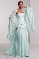 Laden Sie das Bild in den Galerie-Viewer, Altrosa Corsage Chiffon Jacquard Perlenbesatz Gestuft Schößchen A-Linien Langes Abiballkleid mit Ausgestellte Ärmel