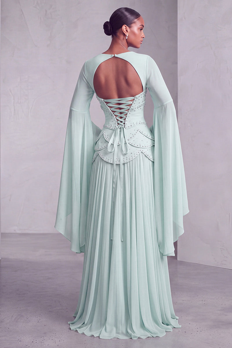 Laden Sie das Bild in den Galerie-Viewer, Altrosa Corsage Chiffon Jacquard Perlenbesatz Gestuft Schößchen A-Linien Langes Abiballkleid mit Ausgestellte Ärmel