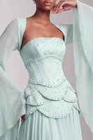 Laden Sie das Bild in den Galerie-Viewer, Altrosa Corsage Chiffon Jacquard Perlenbesatz Gestuft Schößchen A-Linien Langes Abiballkleid mit Ausgestellte Ärmel